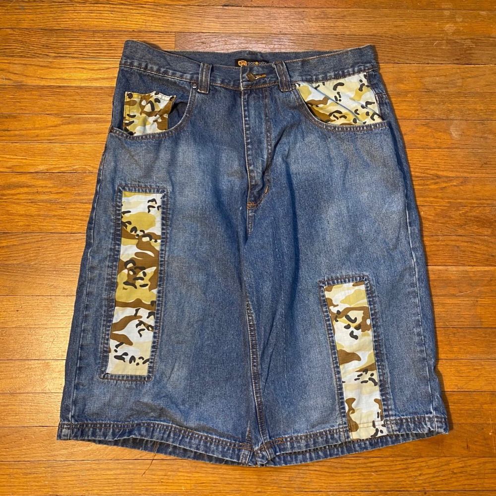 Godbody Denim Technology Mens Baggy Jean Shorts Camo Patchwork Size 34x13‎ Y2K